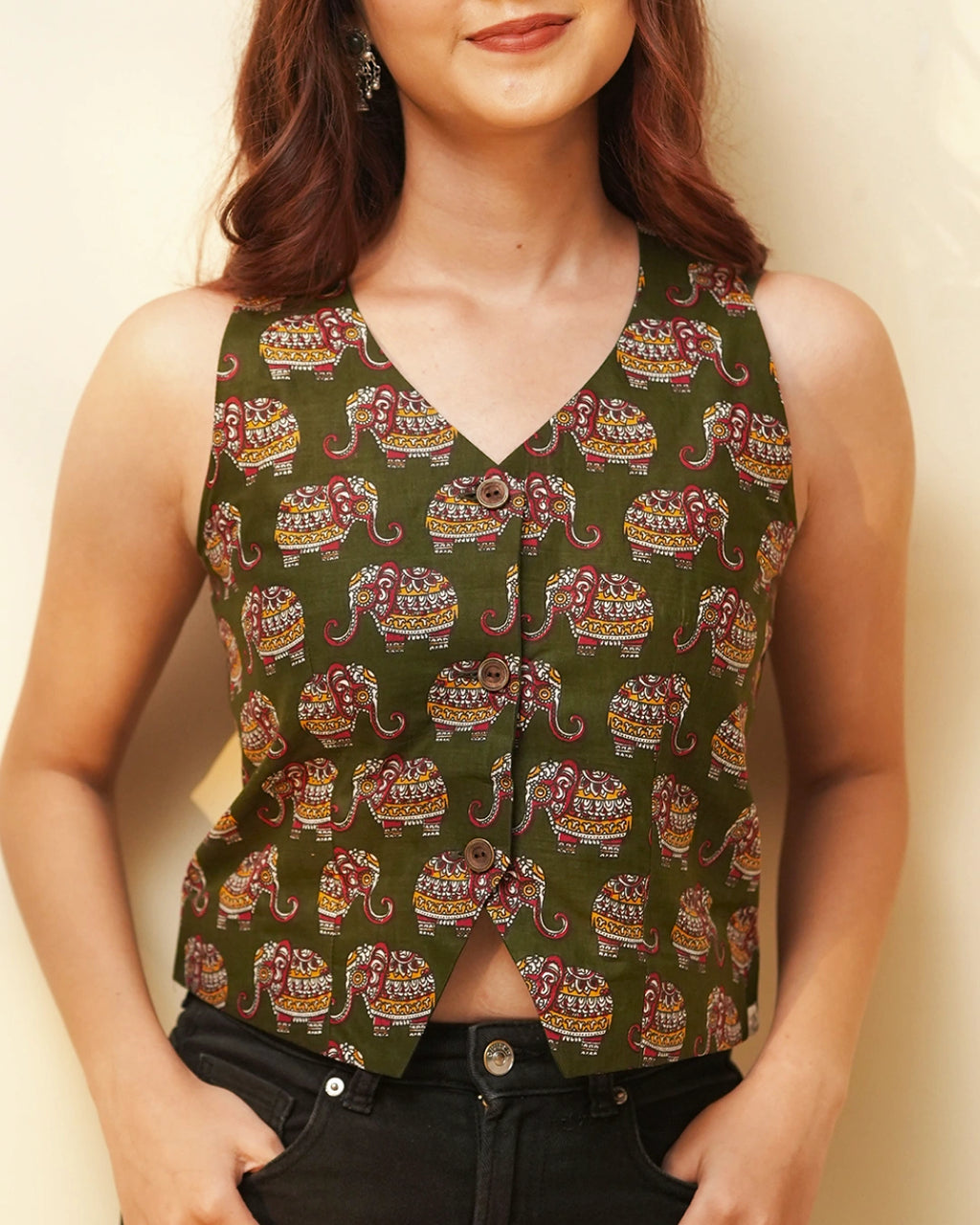 Pure Cotton Block print Indie Vest (Sleeveless) - Olive Haze