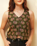 Pure Cotton Block print Indie Vest (Sleeveless) - Olive Haze