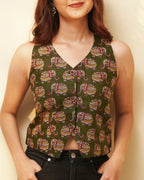 Pure Cotton Block print Indie Vest (Sleeveless) - Olive Haze