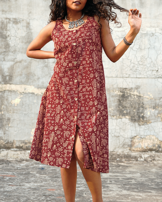 Pure Cotton Worli Art Midi Dress with Pockets - Terracotta Rouge