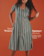 Marigold Trail Pure Cotton Block Print Midi Dress(Short sleeves) - Aqua Grove