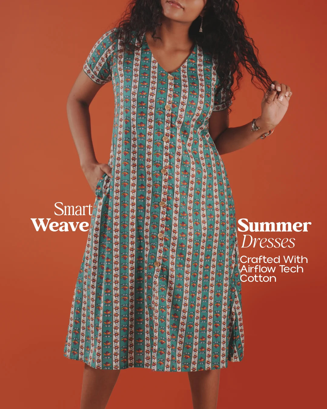 Marigold Trail Pure Cotton Block Print Midi Dress(Short sleeves) - Aqua Grove