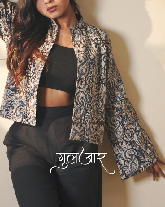Indie-Chic Kalamkari Cotton Blazer with Mandarin Neckline - Ink and Ivory