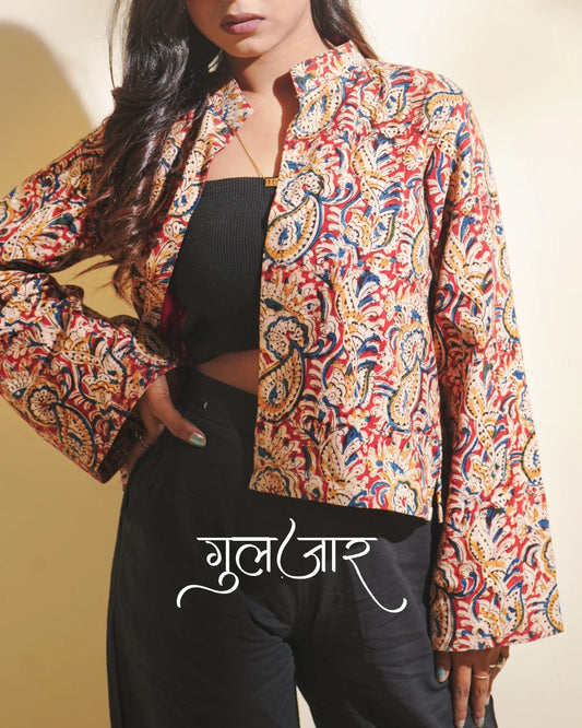 Regal Kalamkari Cotton Blazer Jacket with Mandarin Neck - Sundown Clay