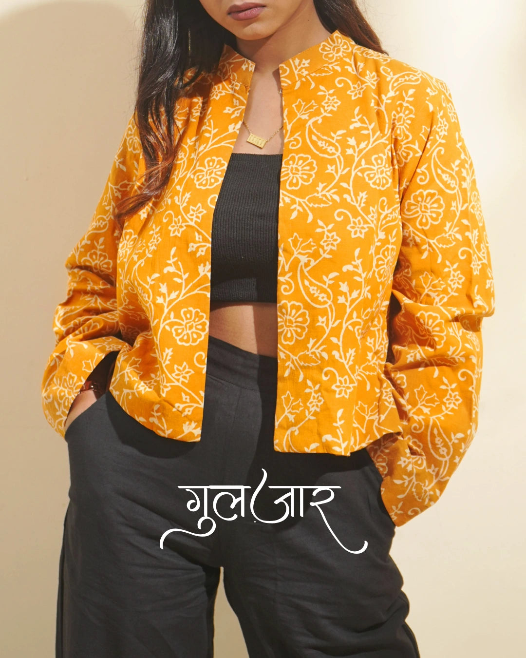Sun-Kissed Mustard Block Print Cotton Blazer with Mandarin Neckline - Sunlit Orchid