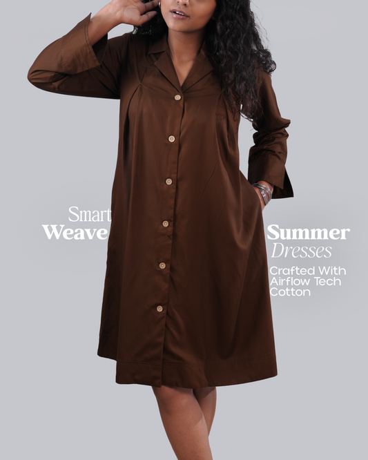 Classic Collared Glazed  Cotton Straight Fit Dress - Mocha Dusk