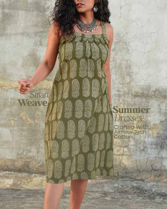 Boho Breeze Block Print Cotton Midi Dress - Vintage Olive