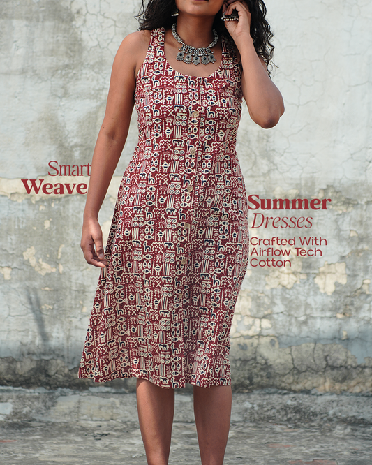 Pure Cotton Worli Art Midi Dress with Pockets - Burnt Sienna Red