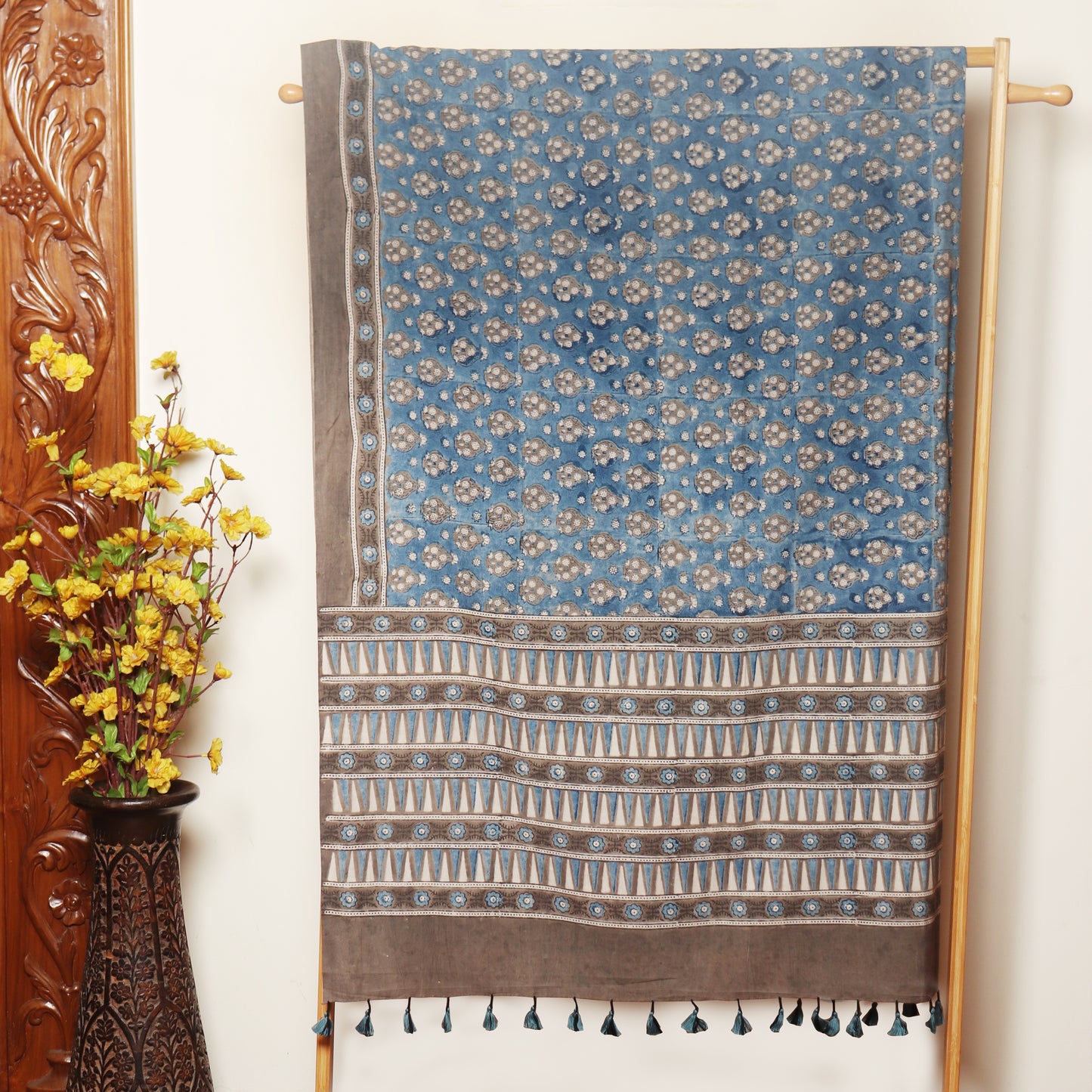 Ajrakh Hand Block Printed Cotton Dupatta with Tassels