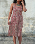 Pure Cotton Worli Art Midi Dress with Pockets - Burnt Sienna Red