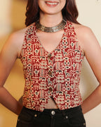 Pure Cotton Worli Art Indie Vest - Terracotta Red