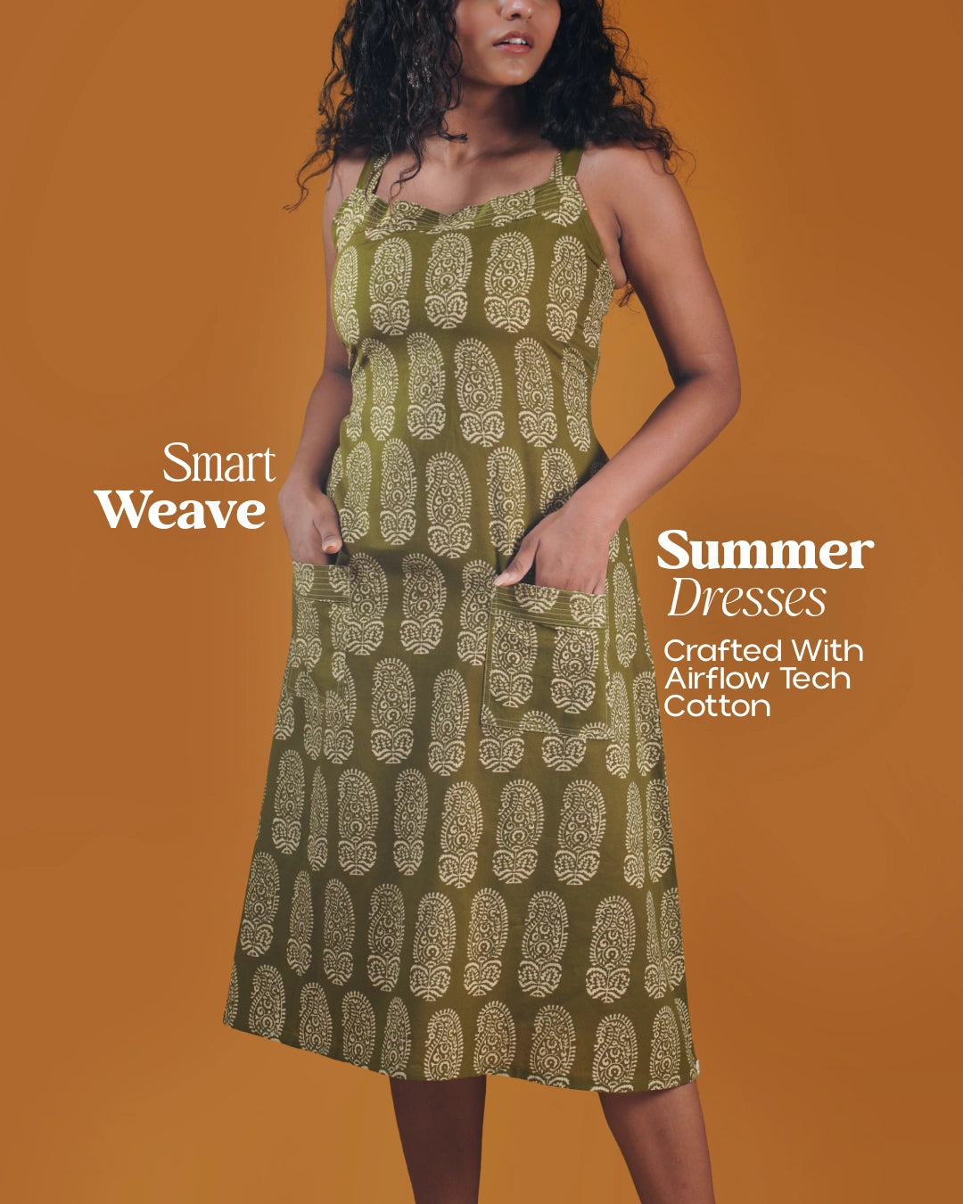 Pure Cotton Worli Art Midi Dress With Pockets - Vintage Olive