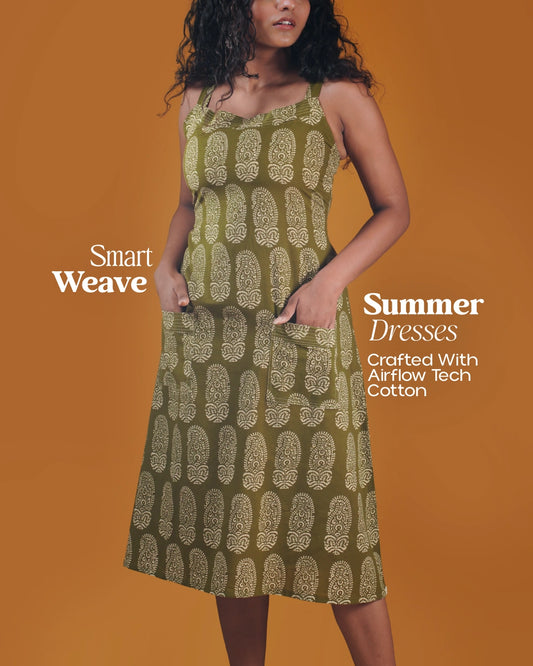 Pure Cotton Worli Art Midi Dress With Pockets - Vintage Olive