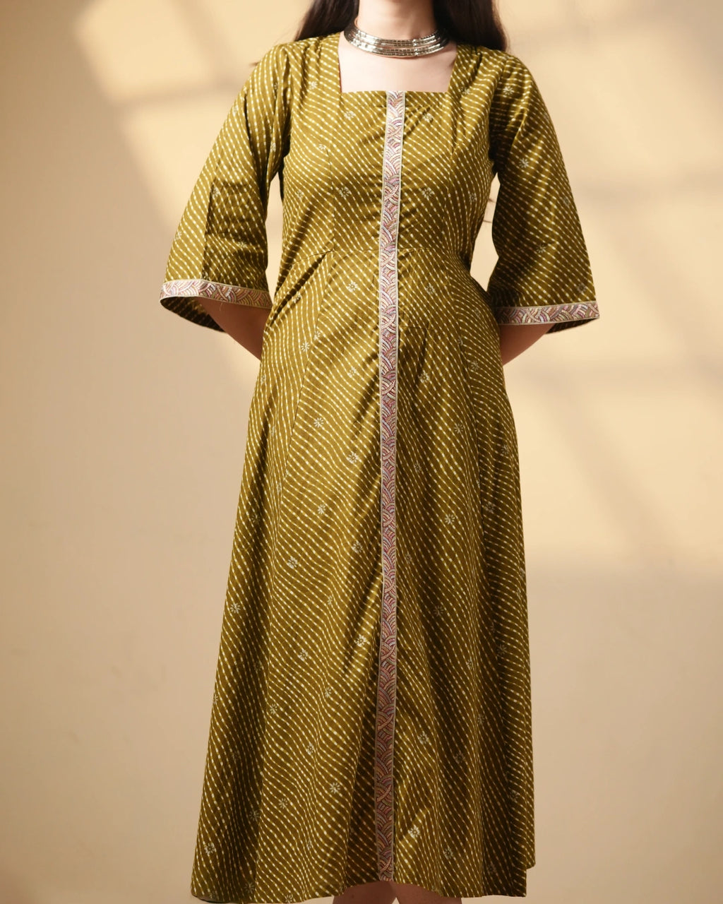 Pure Cotton Leheriya Kurti – Mehendi Whisper