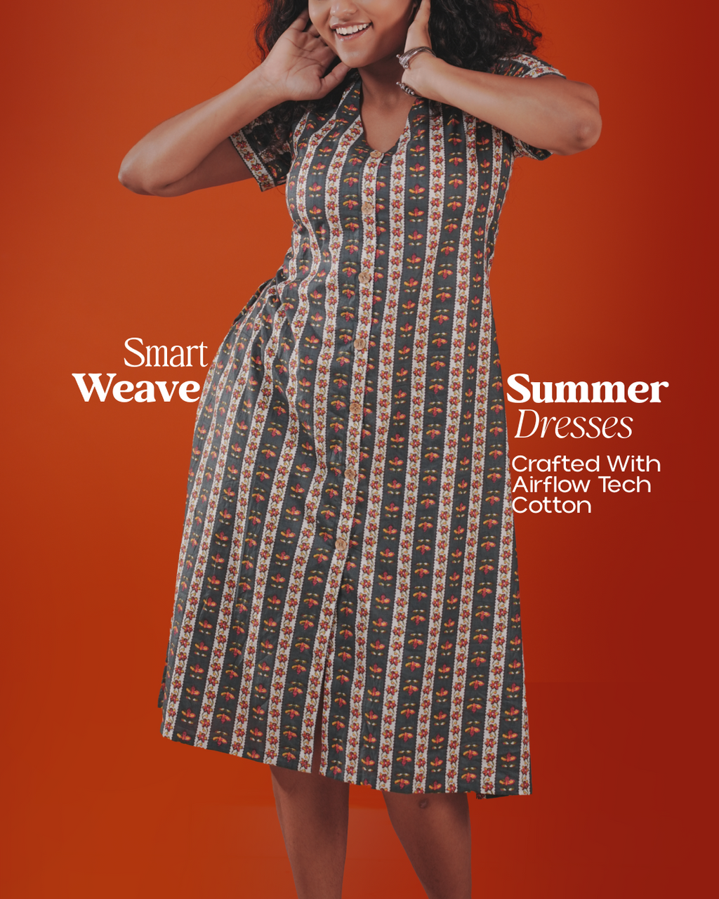 Marigold Trail Pure Cotton Block Print Midi Dress( Short Sleeves) - Charcoal Petal