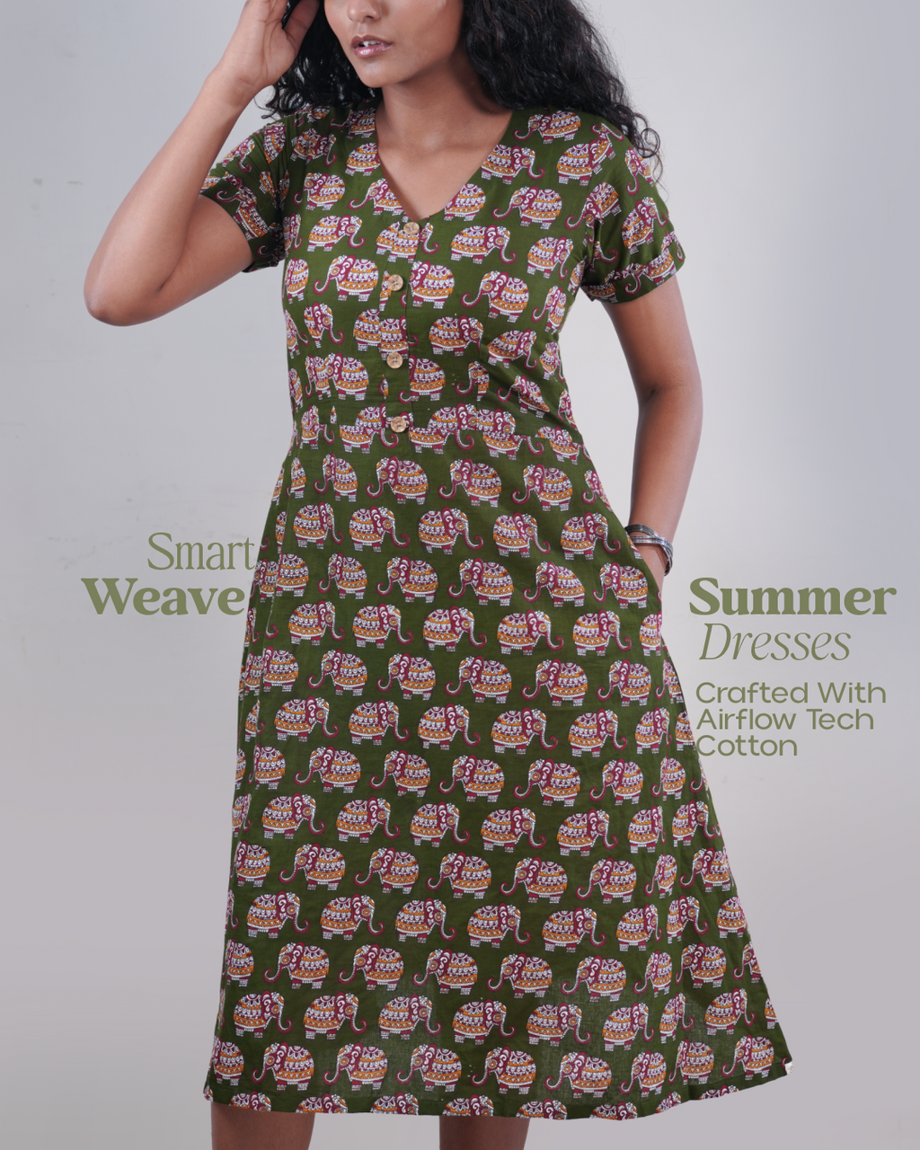 Jaipur Parade Hand Block Print Cotton Midi Dress ( Short Sleeves) - Sage Dust