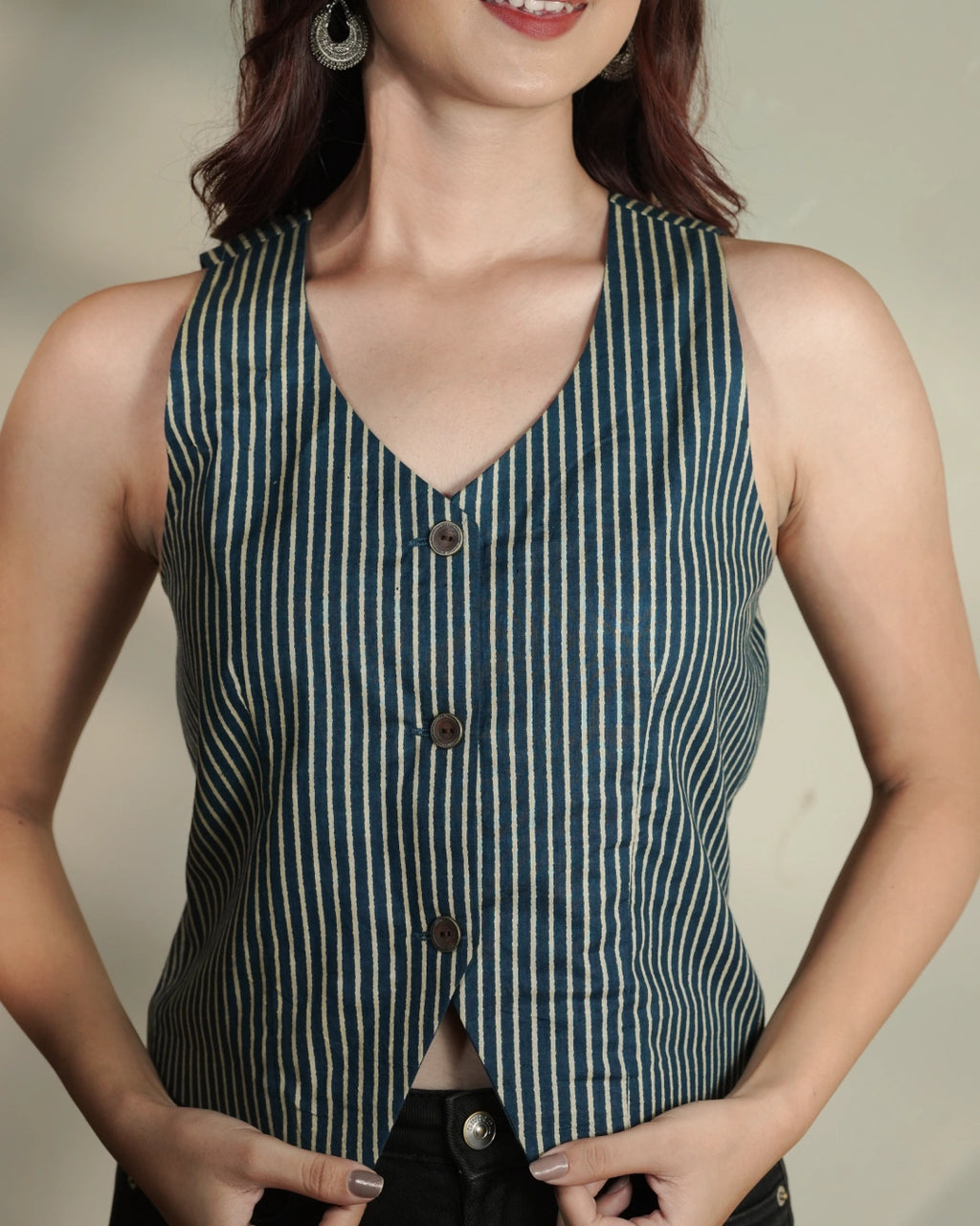 Pure Cotton Striped Indie Vest – Stonewashed Indigo