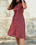 Vintage Kantha Cotton A-Line Dress with Tie-Up Bow - Rusted Garnet