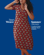 Jaipur Parade Hand Block Print Cotton Midi Dress(Short sleeves) - Burnt Coral