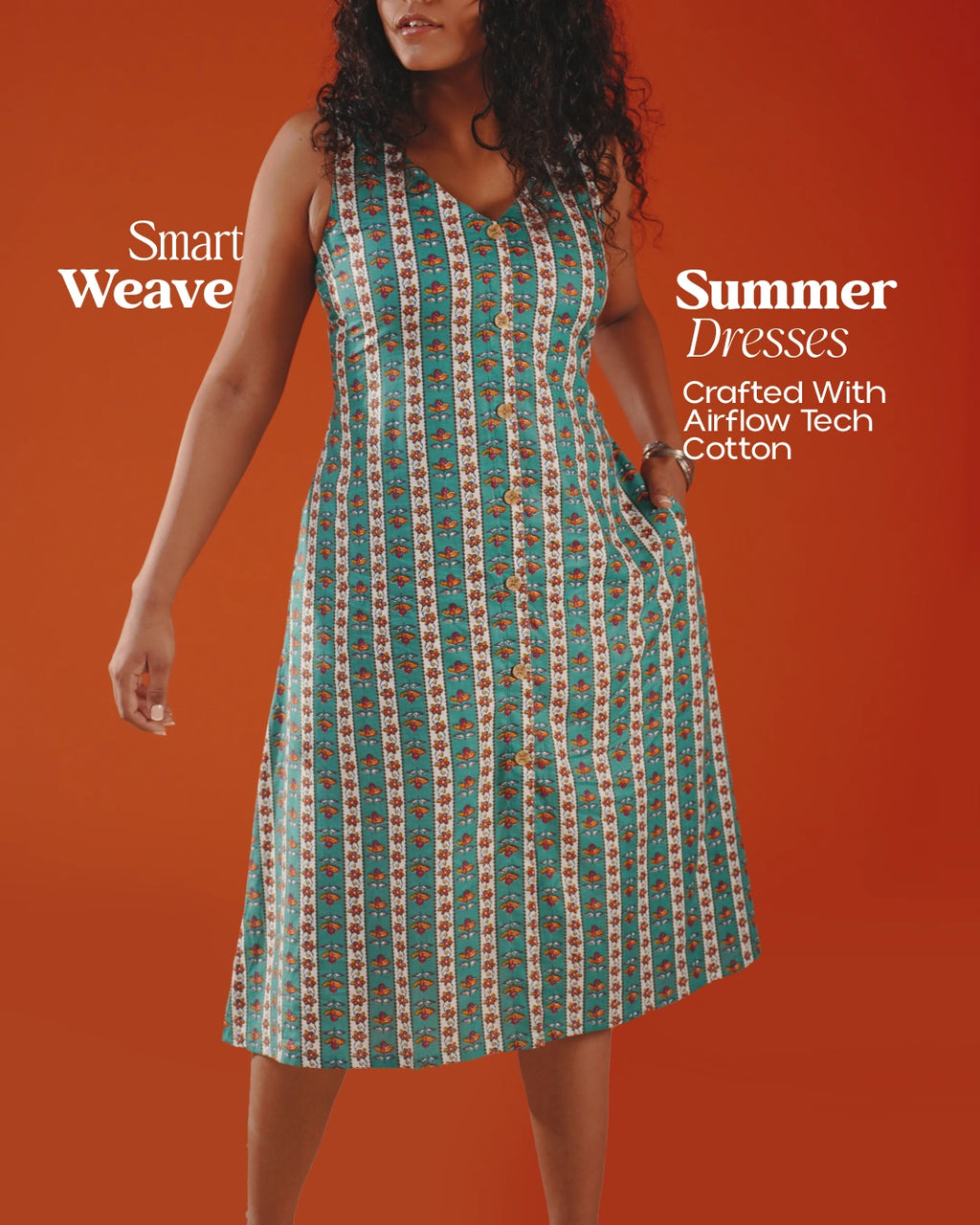 Marigold Trail Pure Cotton Block Print Midi Dress (Sleeveless) - Aqua Grove