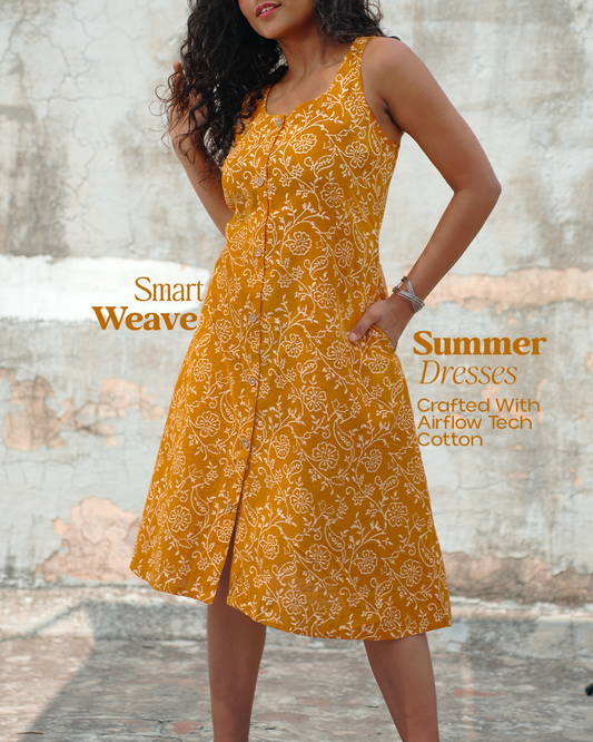 Pure Cotton Worli Art Midi Dress with Pockets - Orchid Bliss
