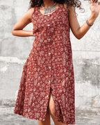 Pure Cotton Worli Art Midi Dress with Pockets - Terracotta Rouge