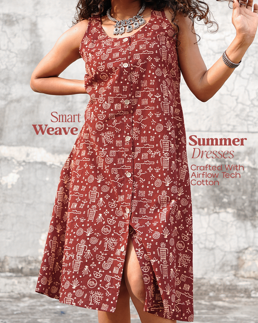 Pure Cotton Worli Art Midi Dress with Pockets - Terracotta Rouge