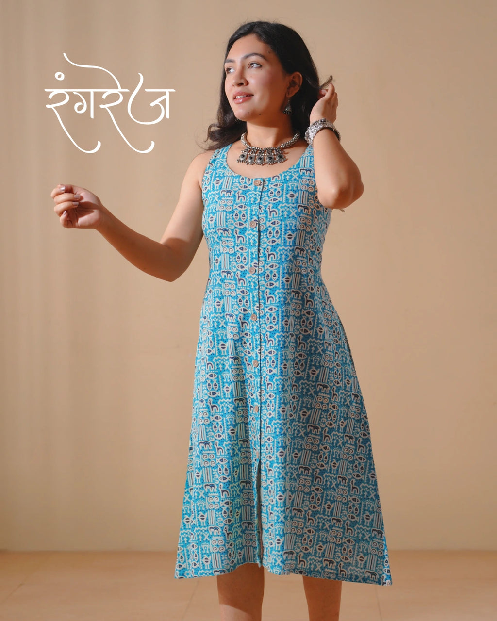 Pure Cotton Worli Art Midi Dress with Pockets - Blue Mirage
