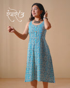Pure Cotton Worli Art Midi Dress with Pockets - Blue Mirage