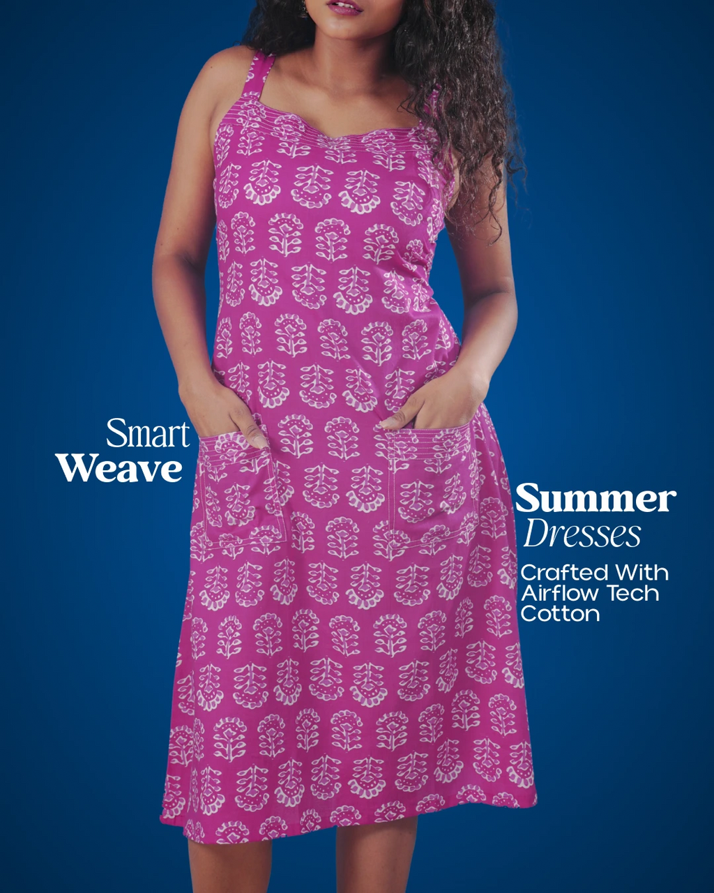 Pure Cotton Worli Art Midi Dress  with Pockets - Mystic Magenta