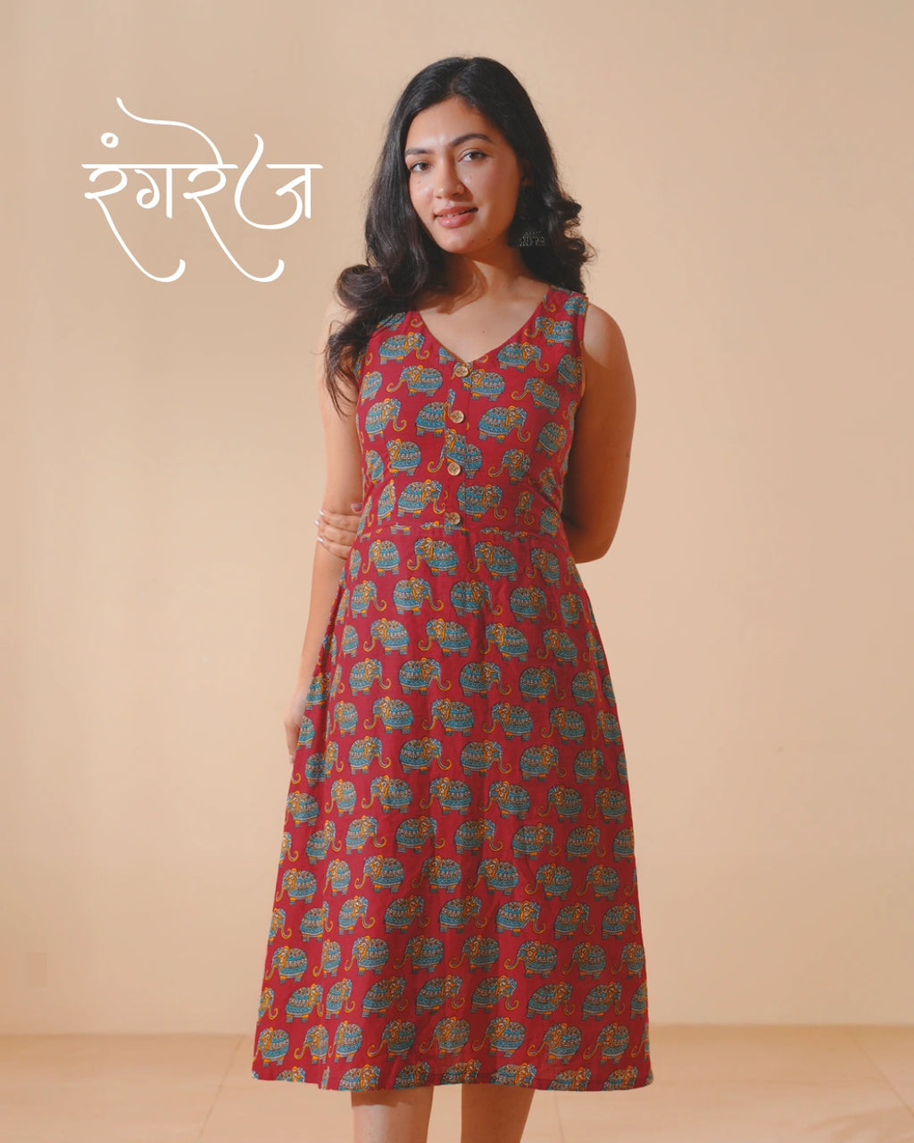 Jaipur Parade Hand Block Print Cotton Midi Dress (Sleeveless) - Burnt Coral