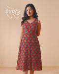 Jaipur Parade Hand Block Print Cotton Midi Dress (Sleeveless) - Burnt Coral