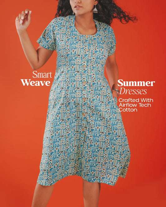 Pure Cotton Worli Art Midi Dress with Sleeves(Short sleeves) - Blue Mirage