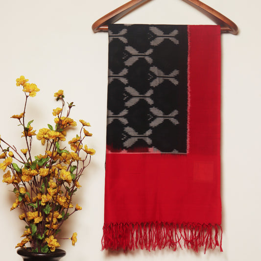 Red and Black Pochampally Ikat Cotton Dupatta with Tassels