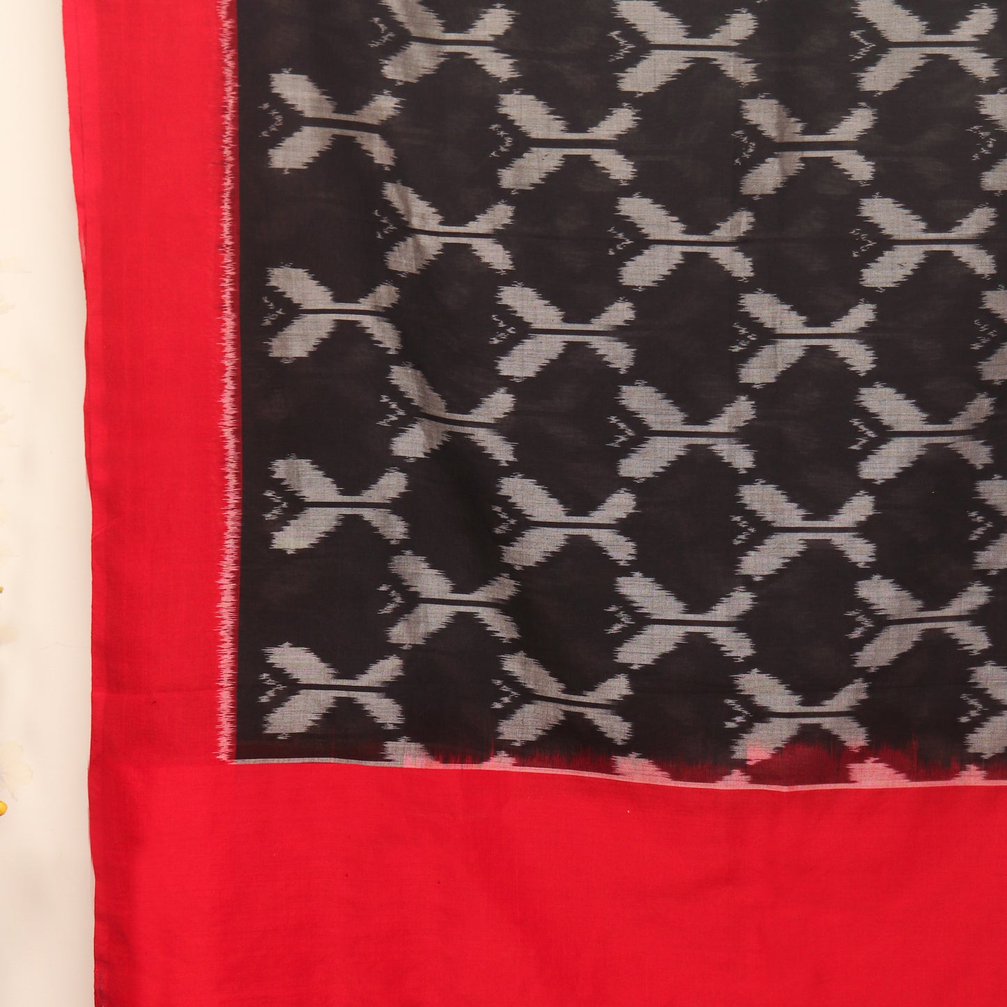 Red and Black Pochampally Ikat Cotton Dupatta with Tassels