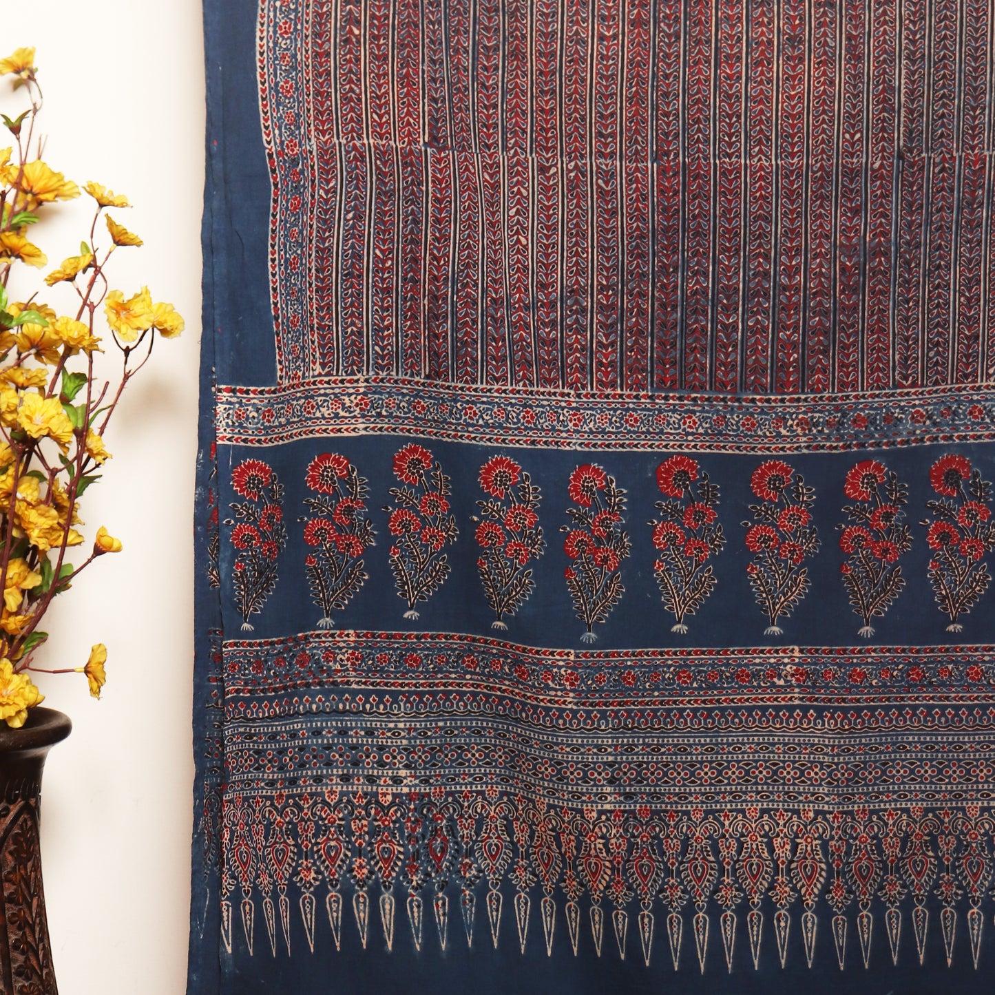 Navy Ajrakh Hand Block Printed Cotton Dupatta with Tassels