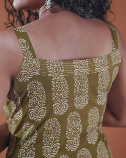 Pure Cotton Worli Art Midi Dress With Pockets - Vintage Olive