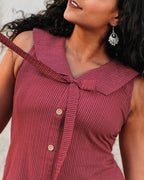 Vintage Kantha Cotton A-Line Dress with Tie-Up Bow - Rusted Garnet