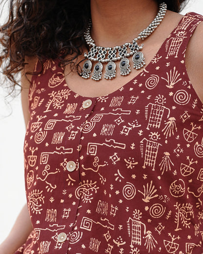 Pure Cotton Worli Art Midi Dress with Pockets - Terracotta Rouge