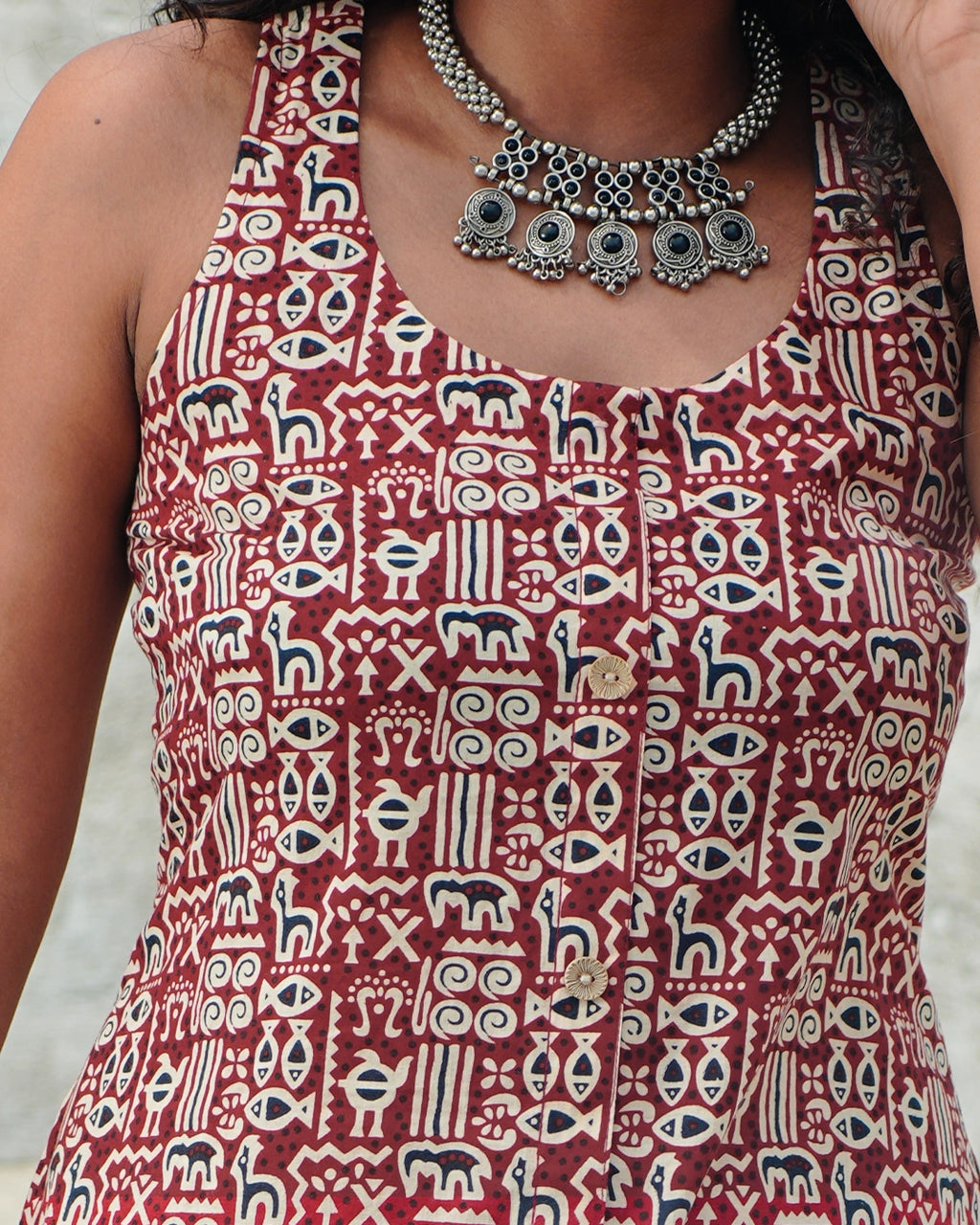 Pure Cotton Worli Art Midi Dress with Pockets - Burnt Sienna Red