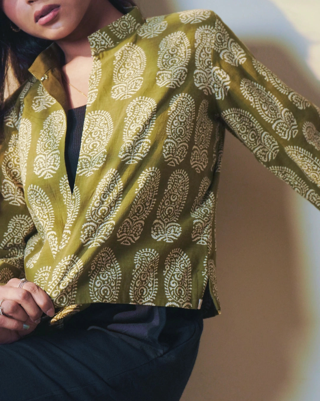 Pure Cotton Block Print Blazer With Elegant Mandarin Neck - Sagewood Moss