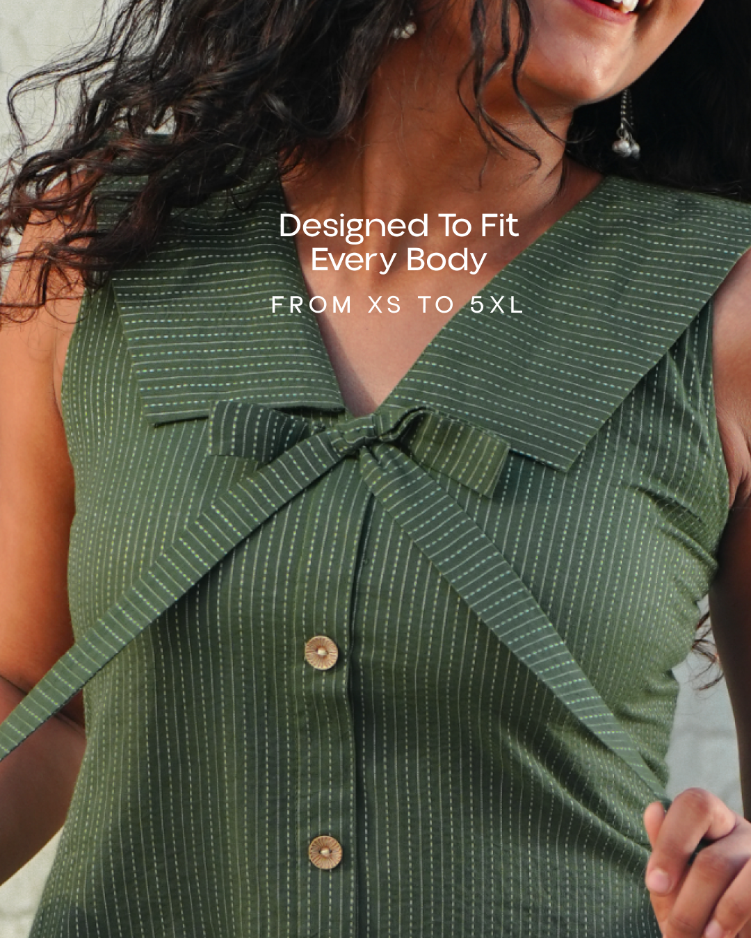 Vintage Kantha Cotton A-Line Dress with Tie-Up Bow - Deep Fern