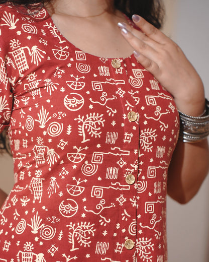 Pure Cotton Worli Art Midi Dress with Sleeves(Short sleeves) - Terracotta Rouge