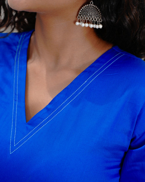 Classic V-Neck Cotton Midi Dress with Pockets - Blue Enigma