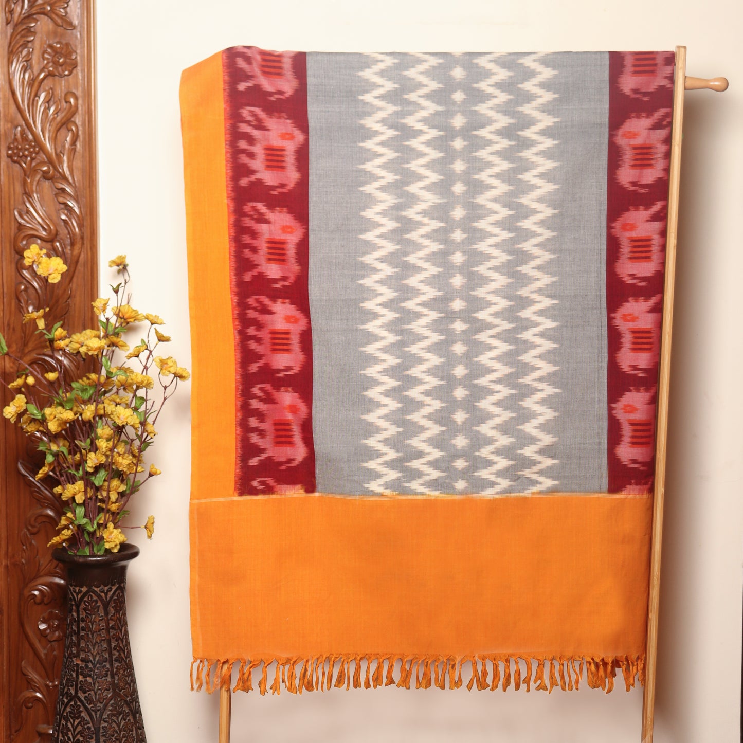 Pochampally Ikat Cotton Dupatta with Elephant Motifs and Tassels