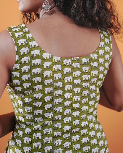 Green Safari Block Dress (Sleeveless) - Olivewood