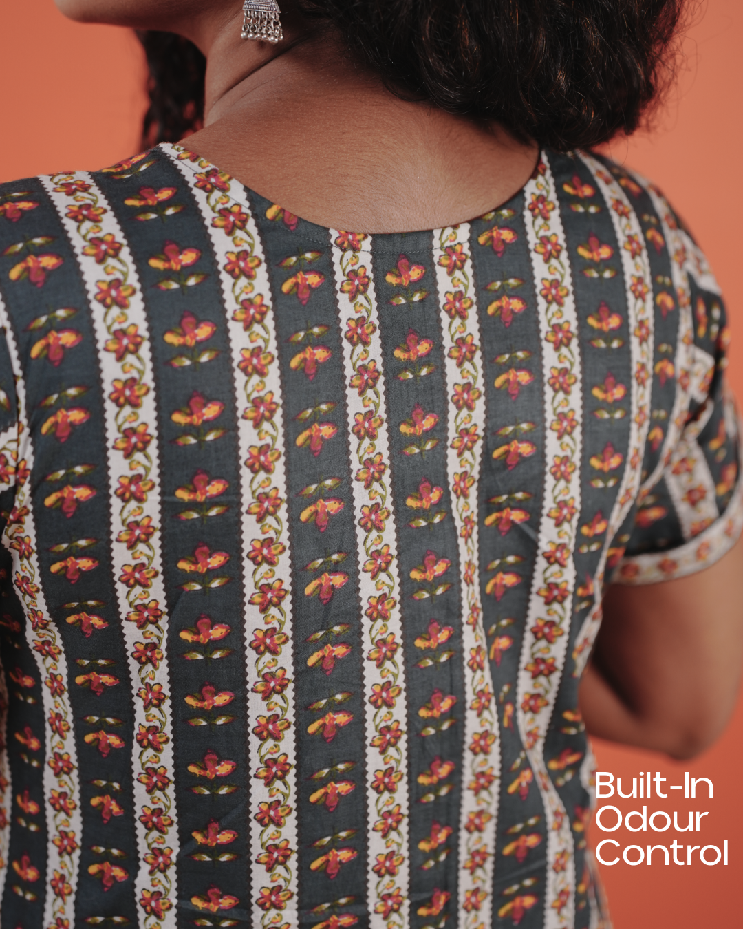 Marigold Trail Pure Cotton Block Print Midi Dress( Short Sleeves) - Charcoal Petal