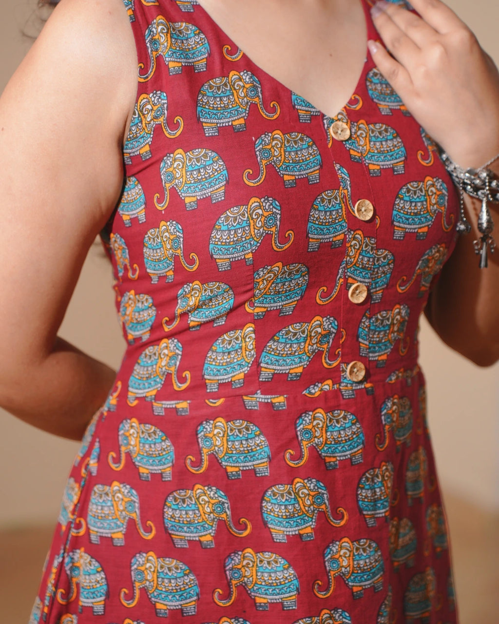 Jaipur Parade Hand Block Print Cotton Midi Dress (Sleeveless) - Burnt Coral