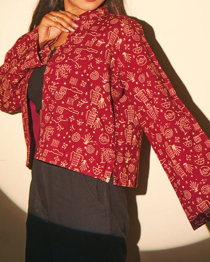 Artisan Touch Worli Print Cotton Blazer with Mandarin Neckline - Earthen Tapestry