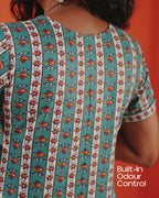 Marigold Trail Pure Cotton Block Print Midi Dress(Short sleeves) - Aqua Grove